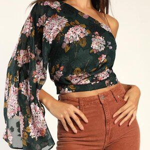 Lulus Perfect Bloom Emerald Green Floral Print One-shoulder Crop Top - Size S